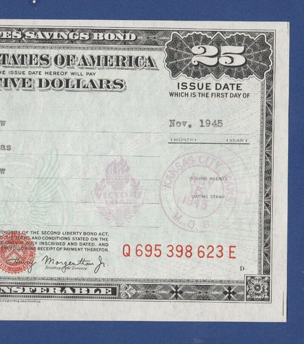 UNITED STATES WAR Savings Bond Series E NOV. 1945 $25.00 Q 695 398 623 E - Picture 5 of 6