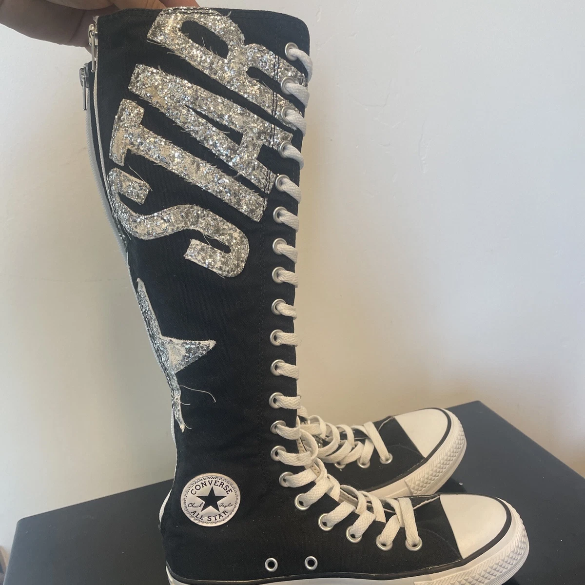 Converse Chuck Taylor All Star Knee High Tall Shoes Black Silver Glitter M4 W6 |