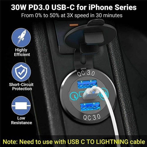 12V 24V Dual QC 3.0 USB + PD Type-C Fast Car Charger Socket Adapter Power Outlet - Picture 9 of 11