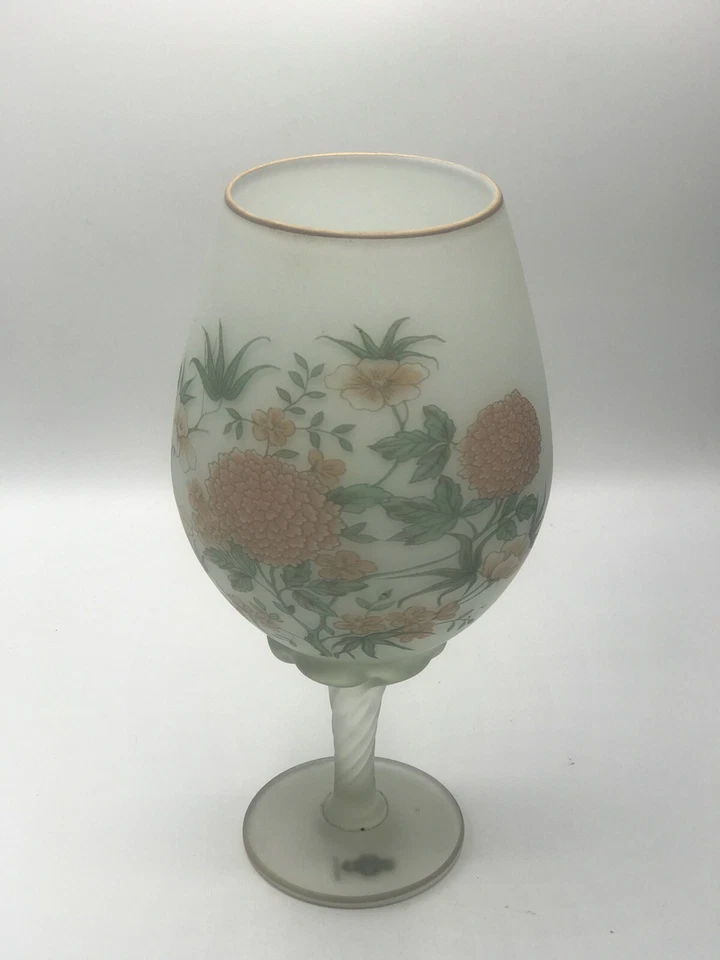 "Florero linterna de vidrio esmerilado satinado pintado a mano de 11"" borde dorado floral Perú UCGC DE COLECCIÓN" Foto 4 de 4