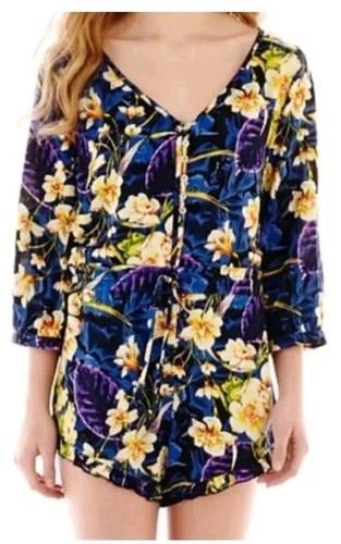 NWT California Gypsy Romper Womens Lrg Boho Blue Floral Ruffles Cinch Waist