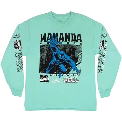 Black Panther Wakanda Forever Marvel & FUBU Long Sleeve Seafoam Green T-Shirt - Picture 1 of 2