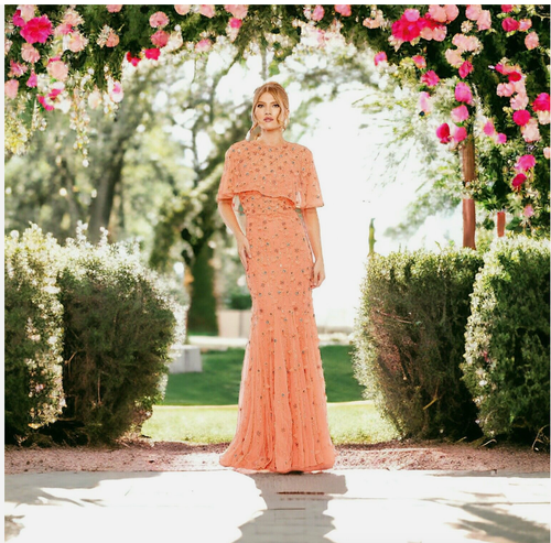 VESTIDO CORAL TROMPETA MANGA CAPA ILUSIONES ADORNADO MAC DUGGAL 93653 talla 8 - Imagen 7 de 8