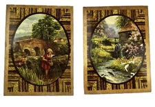 Pair of Vintage Small Wooden Prints, Laminated Wood Look Wall Art River Scenes