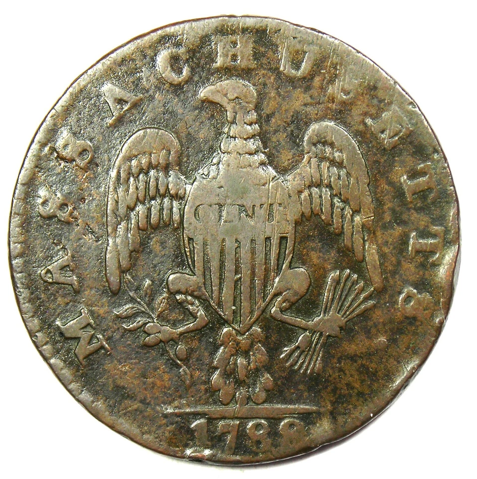 1788 Massachusetts Cent Colonial Copper Coin 1C - Rare Early Colonial Coin! - Image 2 of 2