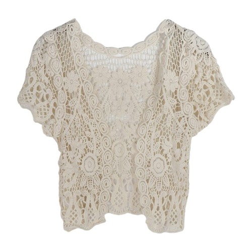 Women Short Sleeve Crochet Shrug Hollow Out Floral Lace Open Front Mini Cardigan - Picture 3 of 17