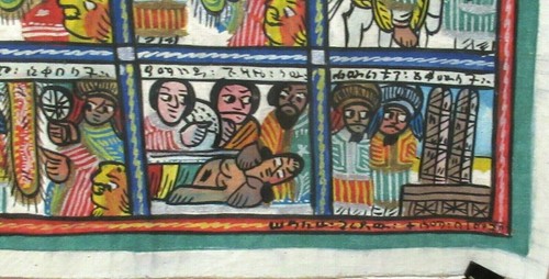 ETHIOPIAN PEOPLE SCENE ACRYLIC ON WAX CLOTH PAINTING SIGNED  - Picture 6 of 7
