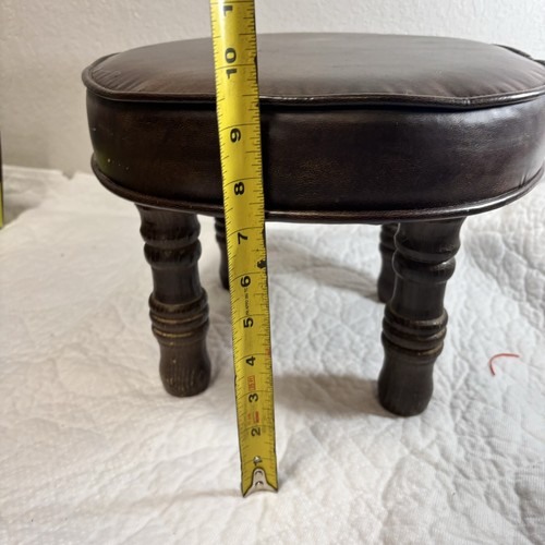 Vintage Wood Spindle Leg Foot Stool Vinyl Round Top Brown 13” Wide 10” Tall - Picture 9 of 9
