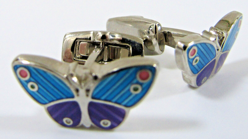 Manschettenknöpfe Silber mit blauer und lila Emaille Schmetterling - Bild 2 von 3