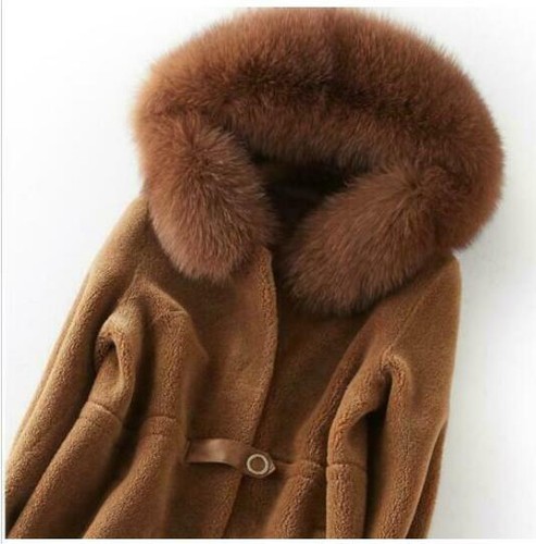 Womens Real Sheepskin Lamb Fur Coat Hooded Shearling Jacket Parka Coat Sz - Picture 23 of 26