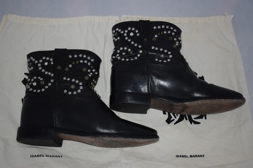 Isabel Marant Etoile Black Leather CALEEN Stud Flat Ankle Wedge Boots EU40 UK7 - Picture 14 of 19
