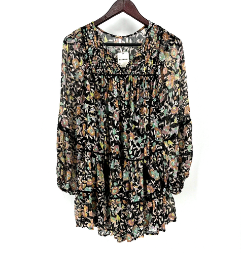 NWT Free People Floral Mini Dress XS Black Long Sleeve Tassels Layered New $128