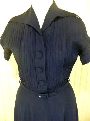 40S DRESS BLUE RAYON PLUTZER PRIZE SHEER LONG FULL SKIRT BELTED PINTUCK PLEATED - Picture 5 of 11