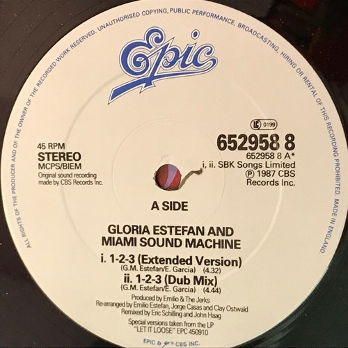 GLORIA ESTEFAN & MIAMI SOUND MACHINE 1, 2, 3 1988 UK 12" Vinyl Single EPIC B - Picture 3 of 3