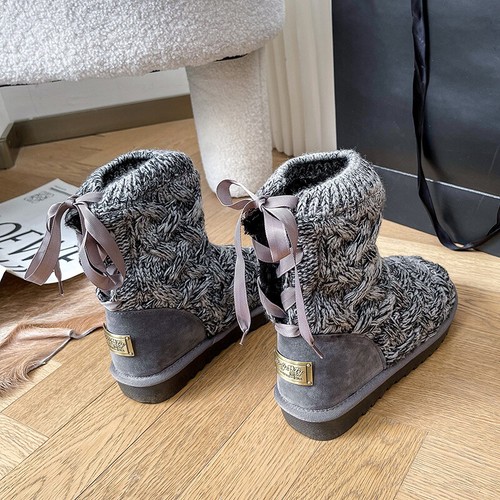 Women's Shoes Knit Sweater Boots Woolen & Fur in One Knitted Pull On Booties UK - Picture 7 of 14