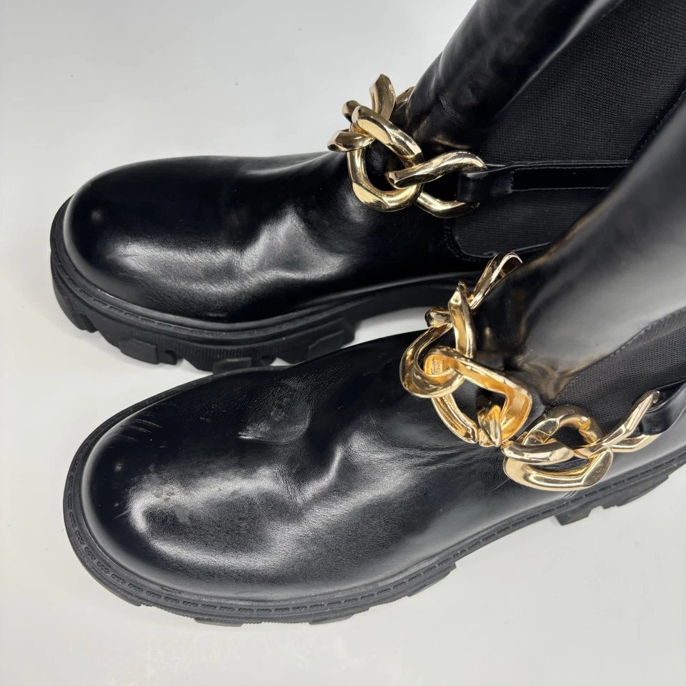 Liliana Black Platform Chunky Boots Gold Chain Women Size 8 Edgy Grunge Winter - Image 4 of 4