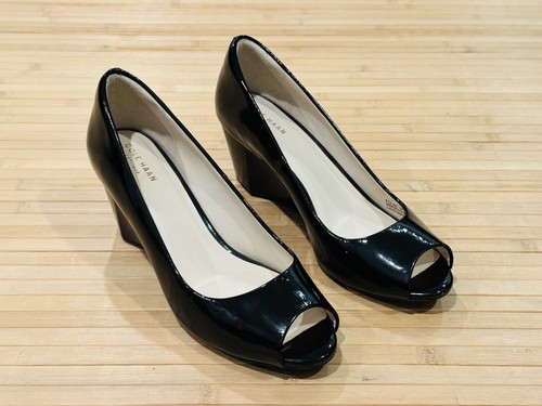 Cole Haan Sadie Wedge Heel Black Patent Leather Peep Toe Shoe Women’s 8.5 B - Picture 3 of 10