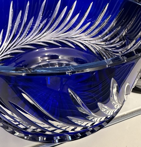 VNTG Heavy Unique Cobalt Blue Bohemian Etched Crystal Bowl - Picture 2 of 3