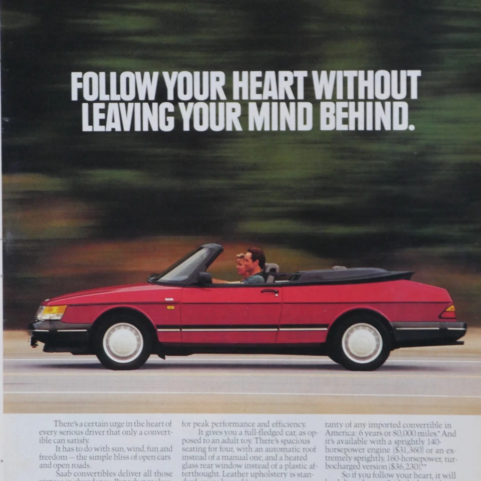 1992 Saab Convertible Follow Your Heart Original Print Ad 8.5 x 11 " - Image 3 of 3