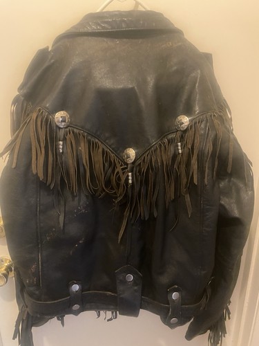 Vintage Open Road Black Leather Fringe Motorcycle Jacket Concho Biker 46 - Picture 3 of 12