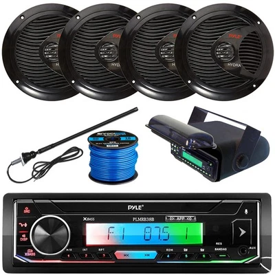 ENROCKMARINEBUNDLE Pyle PLMRB38B 1-DIN Bluetooth MP3 Receiver, 4x 6.5" 150W Max Full-Range Speakers