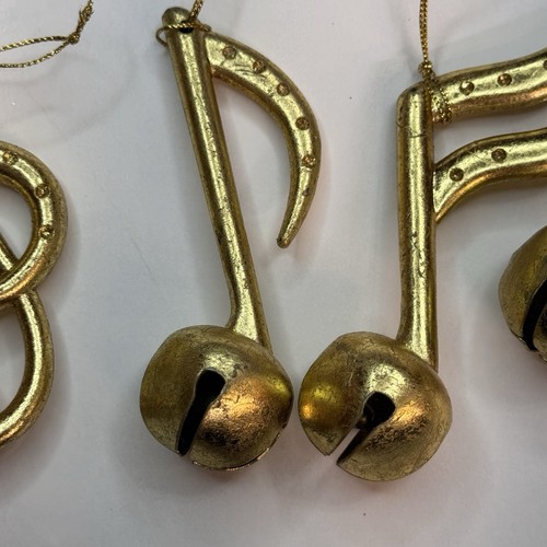 Gold Music Notes Christmas Tree Ornaments Set Of 3 Mixed Bells Metal - Picture 3 of 5