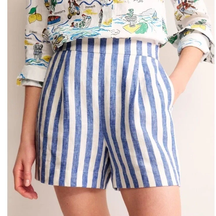 NWT Boden The Hampstead Blue White Striped Linen High Waist Shorts US 6
