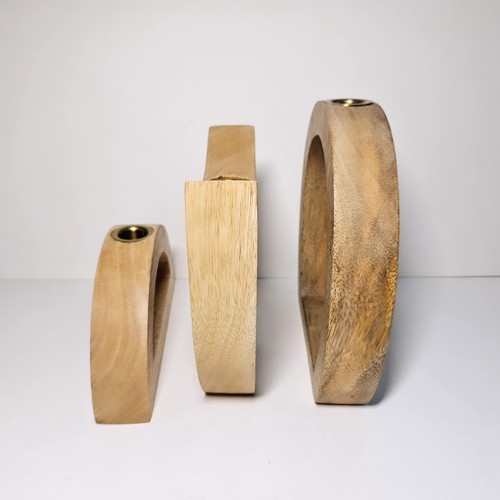 3er Set Tischkerzenständer gebogen natur Mangoholz Messing Metalleinsatz - Bild 4 von 6