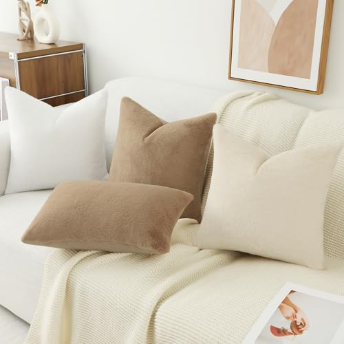 Faux Fur Plush Lumbar Throw Pillow Covers 12x20 12" x 20" (Pack of 2) Khaki - Picture 5 of 6