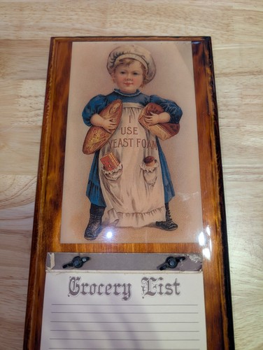 VINTAGE KITCHEN " I USE YEAST FOAM" MEMO PAD BAKER GIRL WOOD WALL PLAQUE 14.5" - Picture 2 of 9