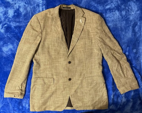 HUGO BOSS Mens 40R Pasini Beige Khaki Linen Wool Hopsack 2 Button Blazer Preppy - Picture 1 of 15