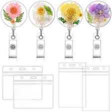 4 Pcs Flower Badge Reel with Clear Badge Holder, Retractable Badge Clips   Co...