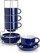 Sweese 8 Ounce Porcelain Stackable Cappuccino Cups with Saucers and Metal Stand