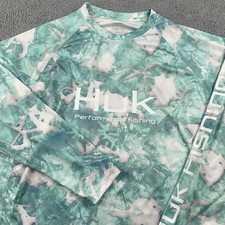Huk Performance Fishing Shirt Mens Medium Green Mossy Oak Camo Long Sleeve