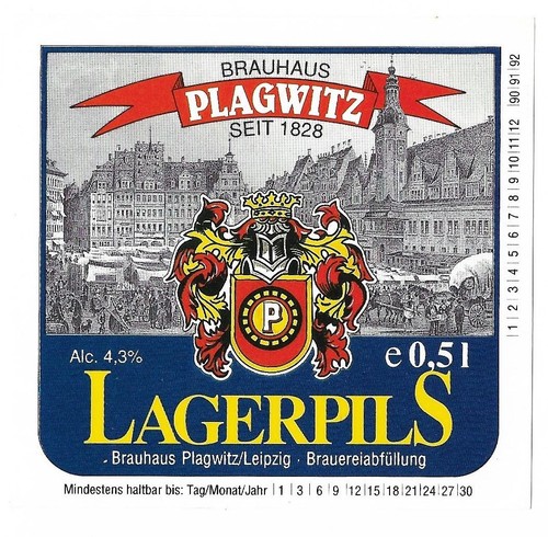 Bieretikett Brauhaus Plagwitz/ Leipzig LAGERPILS - Datumleiste: 90/ 91/ 92 (K5)