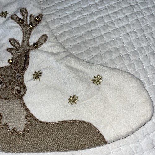 NEU! Pottery Barn ~ verzierter Weihnachtsstrumpf ~ elfenbein Rentier Bock Glocken - Bild 5 von 10