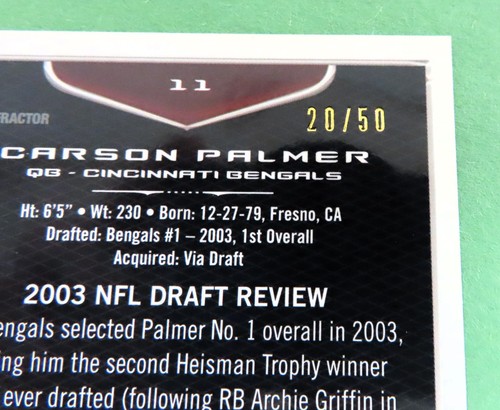 2009 Bowman Chrome CARSON PALMER #11 GOLD REFRACTOR #'d 20/50 Bengals NM/MT - Picture 3 of 4