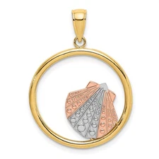 14k Yellow and Rose Gold with Rhodium Scallop Shell In Round Frame Pendant