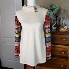 Soft Cream Button Mock Turtleneck Sweater Top womens S Small Blouse Pullover 