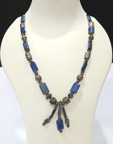 Vintage Chunky Lapis Lazuli Beaded Necklace, Boho Necklace, Bohemian Statement - Picture 2 of 3