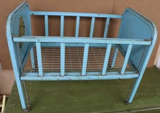 Vintage Amsco Doll-E-Crib 1950's  Blue, Wooden Castors, Adjustable Side Rail