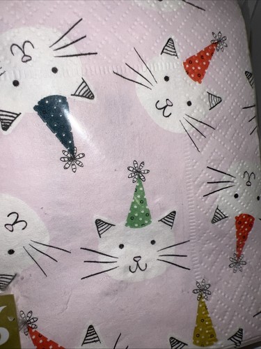 White Cat Party Napkins 40 Ct Pink Kitty Birthday Hat 3-Ply Beverage NIP So Cute - Picture 5 of 7