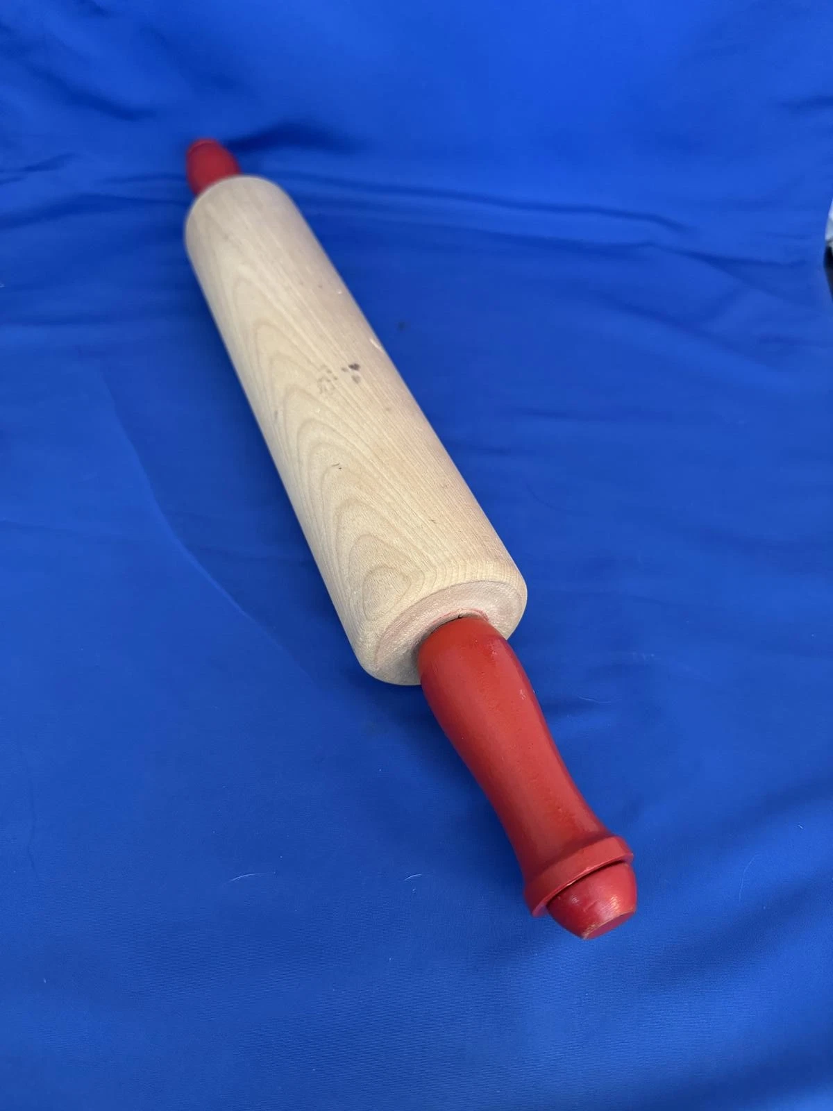 Vintage Hardwood Rolling Pin Red Handle French Country Rustic Farmhouse