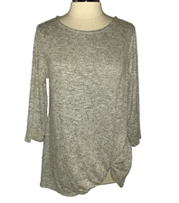 LOGO Lori Goldstein Size L Shirt Top Grey Black Heathered 3/4 Sleeve Stretch