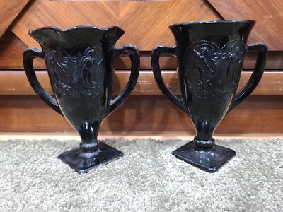 2 Antique LE Smith Black Amethyst Trophy Vase Loving Cup Dancing Ladies Nymphs