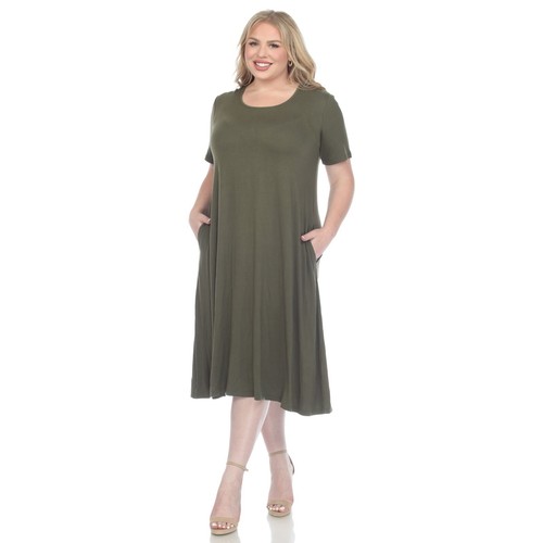 Plus Size Short Sleeve Pocket Swing Midi Dress - Picture 40 of 49