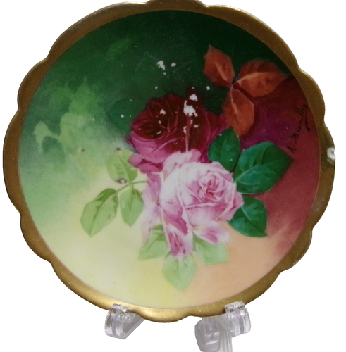 Antique CORONET LIMOGES FRANCE 1910 ROSES PLATE Signed A. Broussillon READ - Picture 5 of 10