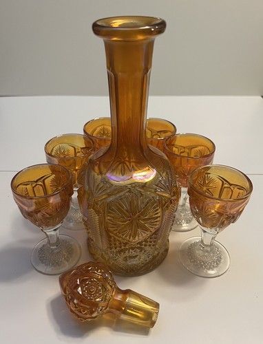 VTG Antq Iridescent ImperialCarnival Decanter6glass 1 Stpr' MarigldStarFile RARE - Picture 6 of 7