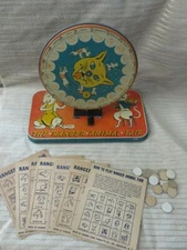 Vtg Tin Toy- The Ranger Animal Fair, bingo pinwheel game, Ranger Steel w/Cards