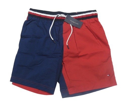 Tommy Hilfiger Men's Navy Blazer Colorblocked Seersucker Stripe 6.5" Swim Trunks - Picture 1 of 5